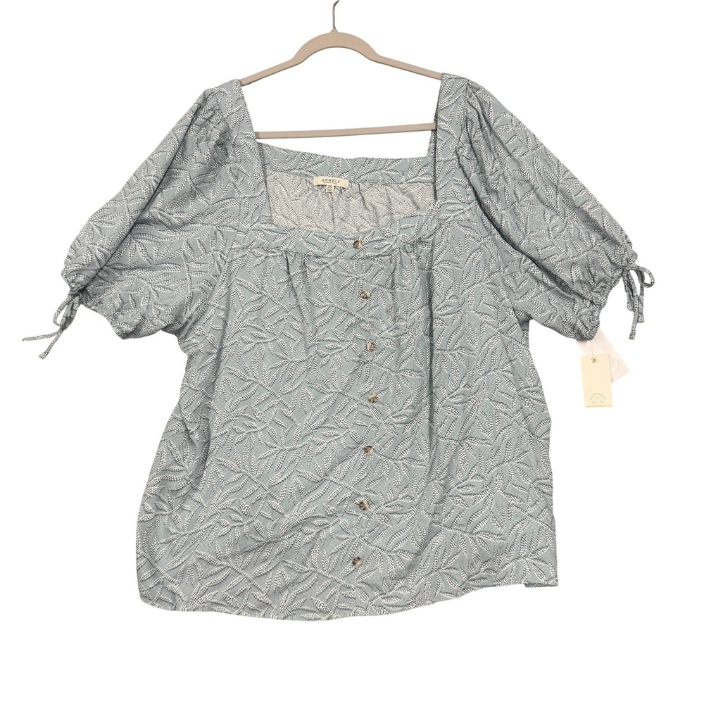 Angels Blouse Womens 3X Plus Gray Floral Square Neck Button Front Tunic